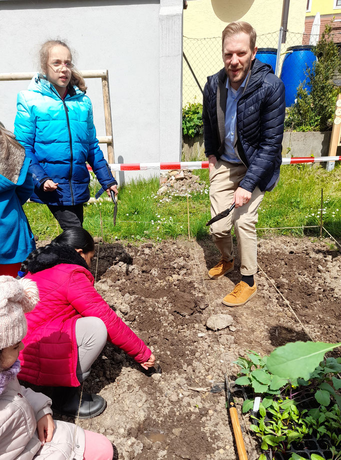 Herr Muhr von der Kreissparkasse hilft den SchülerInnen beim einpflanzen der Setzlinge.