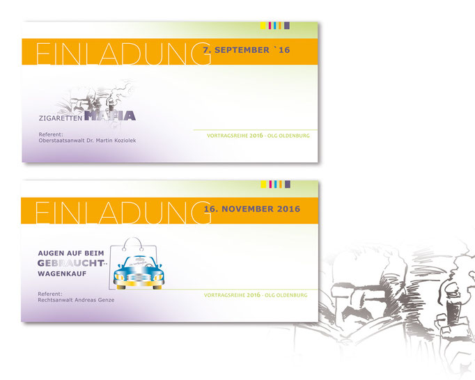 Corporate Design der Einladungen zur Veranstaltungsreihe im Oberlandesgericht Oldenburg. Illustrationen MWD Design. Werbung.