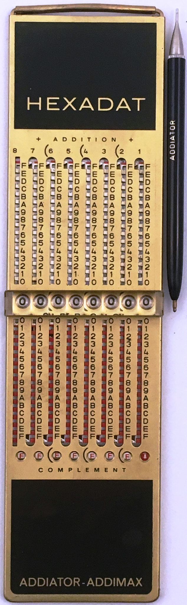 Addiator-Addimax HEXADAT base 16 (o hexadecimal), fabricado en Alemania, año 1967, s/n 694714, 6x23 cm