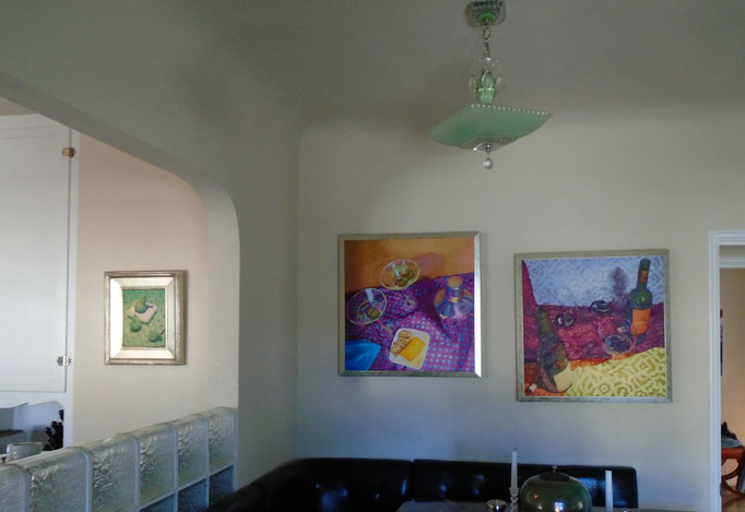 Dining Room- Make it Dirty, 24 x 24, original oil. (Martini theme on left.) Boldly Red, 24 x 24,original oil. (Wine theme on right.) *small framed green pear 10 x 8 original oil seen in kitchen also a Sydney Hall.  ...be inspired...
