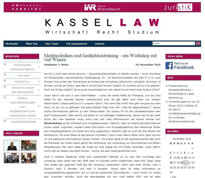 KasselLAW / Universität Kassel - Bericht Workshop Merktechniken & Gedächtnistraining - Gastautor: J. Matys 