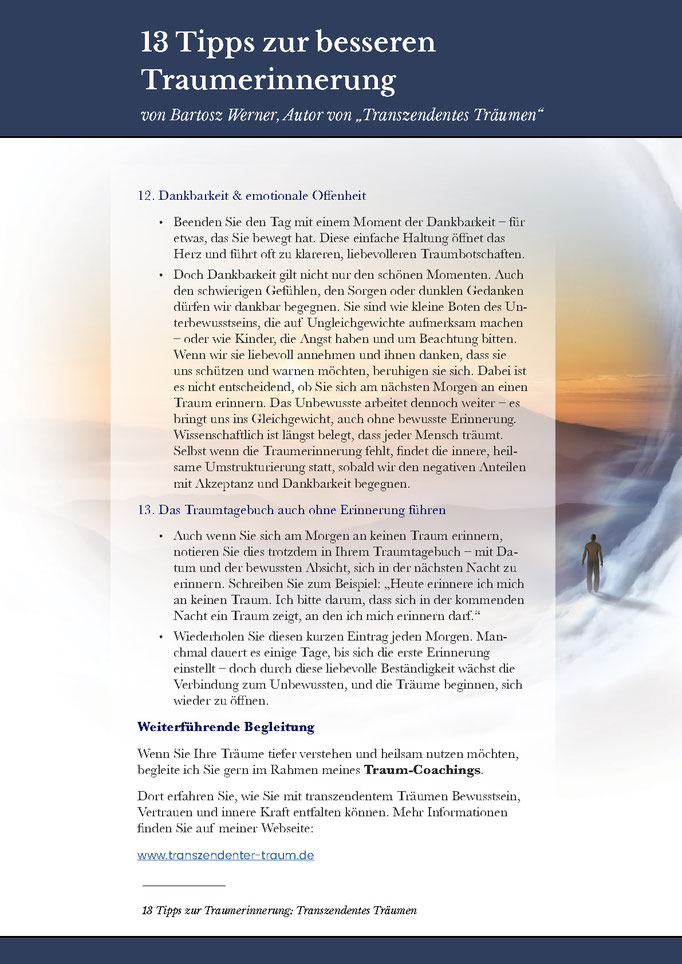 Dritte Seite eines Ratgebers zur Traumerinnerung mit Tipps zu Dankbarkeit, emotionaler Offenheit und dem Führen eines Traumtagebuchs auch ohne konkrete Erinnerung sowie einem Hinweis auf weiterführendes Traum-Coaching.