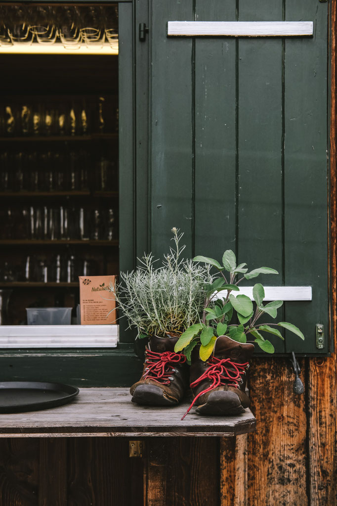 bepflanzte Wanderschuhe bei der Breitenebenalm