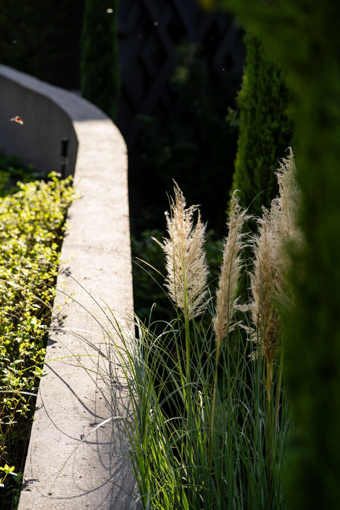 Ornamental grasses and Mediterranean plants line a winding path in the Apfelhotel’s naturally landscaped garden.