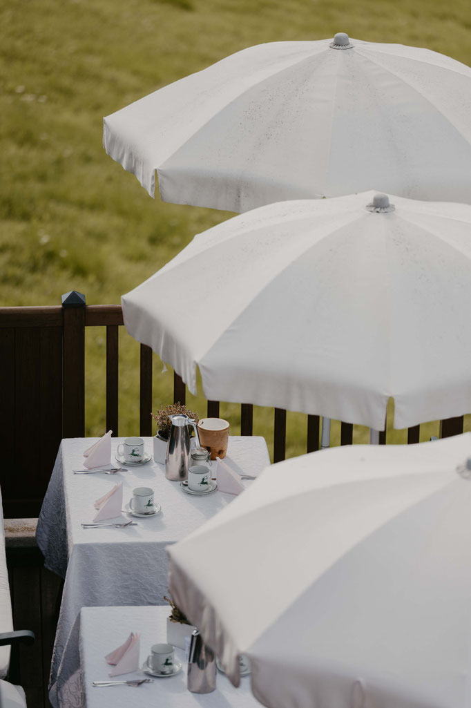 Breakfast on the terrace at Hotel Tann on the Ritten plateau in South Tyrol.