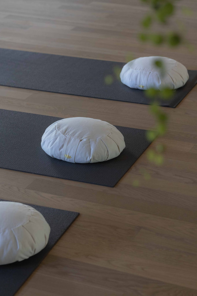 Meditationskissen auf Yogamatten im ruhigen Wellnessbereich des Apfelhotels für Entspannung und Achtsamkeit.