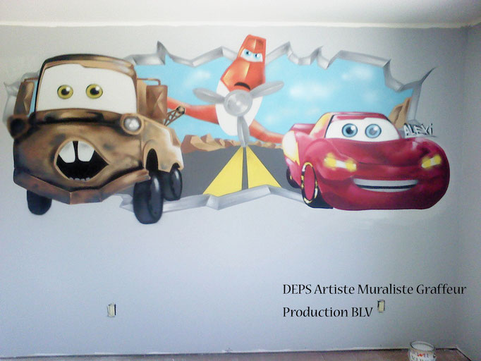 Graffiti murale, Décoration chambre d'enfant graffiti, Hugo Landreville, Flasch McQueen, production blv