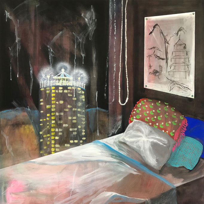 「まぶしい屋上」　アクリル、パネルにミュー・グラウンド　130.3×130.3㎝　2020