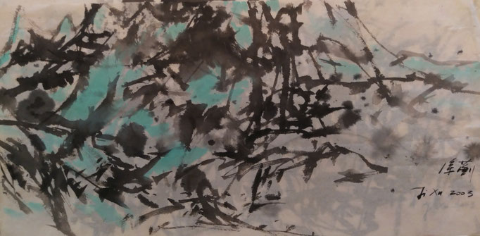 "Blue and black abstraction" BY JI XU (1963-2014) 65X33CM INK AND COLOURS ON PAPER PRICE 1,200.00€