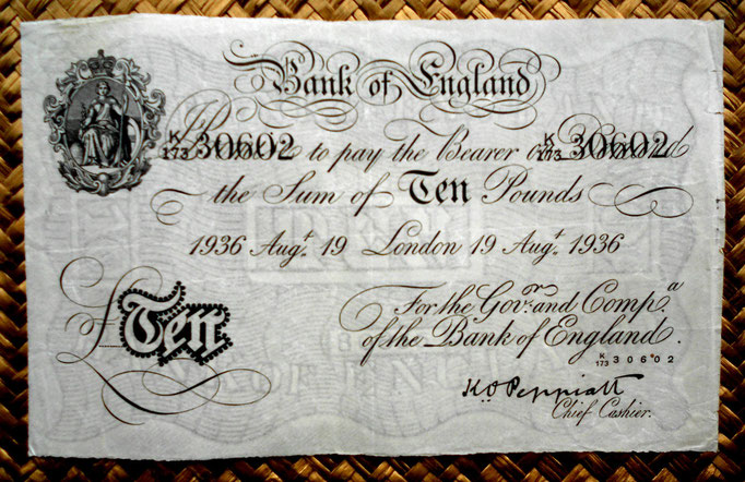 Reino Unido 10 pounds 1936 -Britannia serie A- uniface