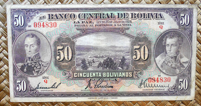 Bolivia 50 bolivianos 1928  (164x84mm) anverso