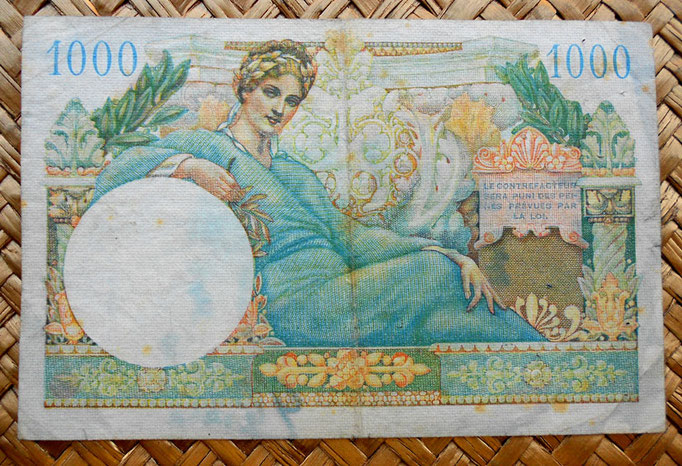Francia 1000 francos Territorios Ocupados -Tresor Francais 1947 reverso