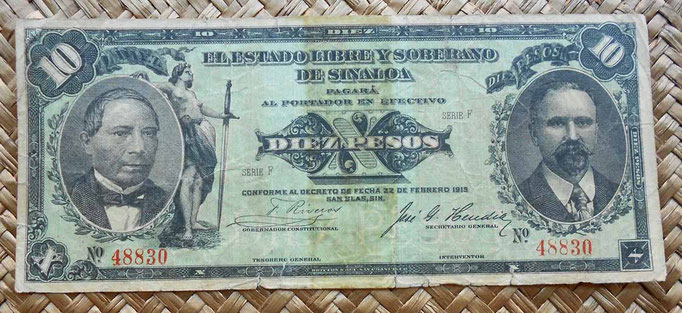 Mejico Estado de Sinaloa 10 pesos 1915 anverso