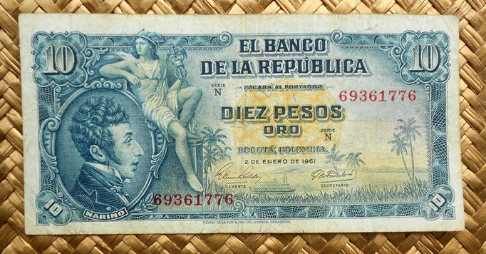 Colombia 10 pesos oro 1961 anverso