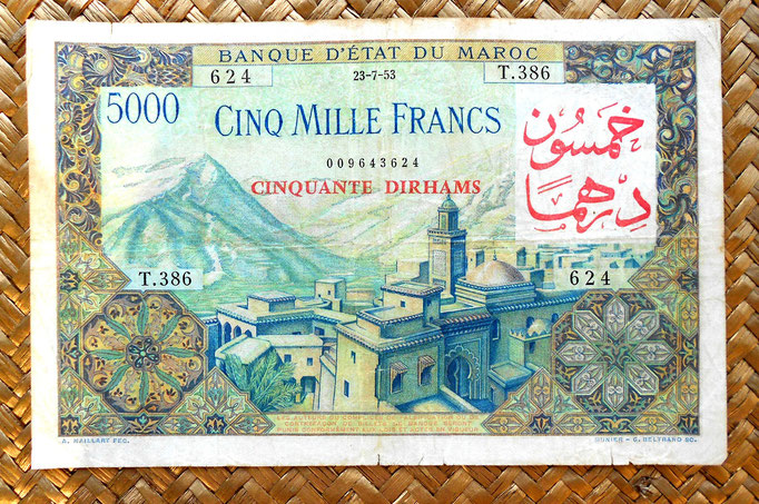 Marruecos colonial 5000 francos 1953 sobreimpresion 50 dirhans anverso