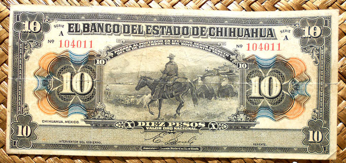 Mejico Estado de Chihuahua 10 pesos 1913 anverso