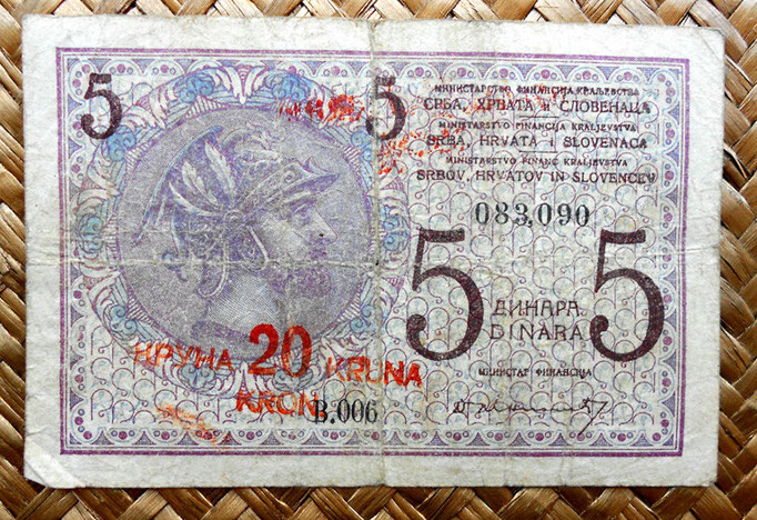 Reino de Serbia, Croacia y Eslovenia 5 dinares 20 coronas 1919 anverso