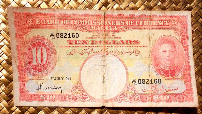 Malaya británica 10 dólares 1941 anverso