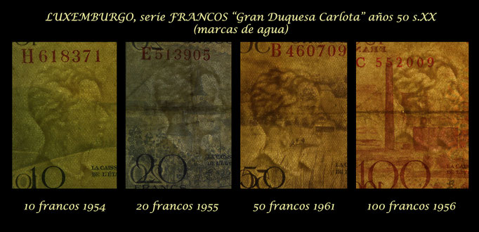 Luxemburgo serie francos Gran Duquesa Carlota años 50 s.XX marcas de agua