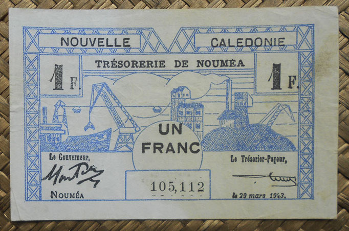 Nueva Caledonia 1 franco 1943 Bono -Tesoro de Noumea (114x70mm) pk.55a anverso