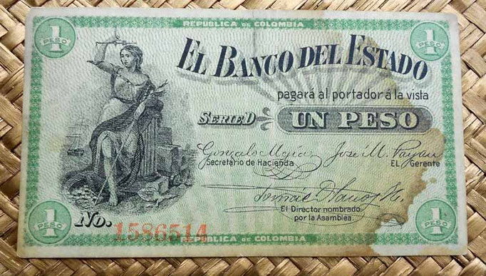 Colombia Banco del Estado 1 peso 1900 anverso