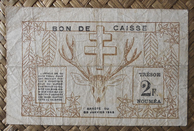 Nueva Caledonia 2 francos 1943 Bono -Tesoro de Noumea (114x70mm) pk.56a reverso