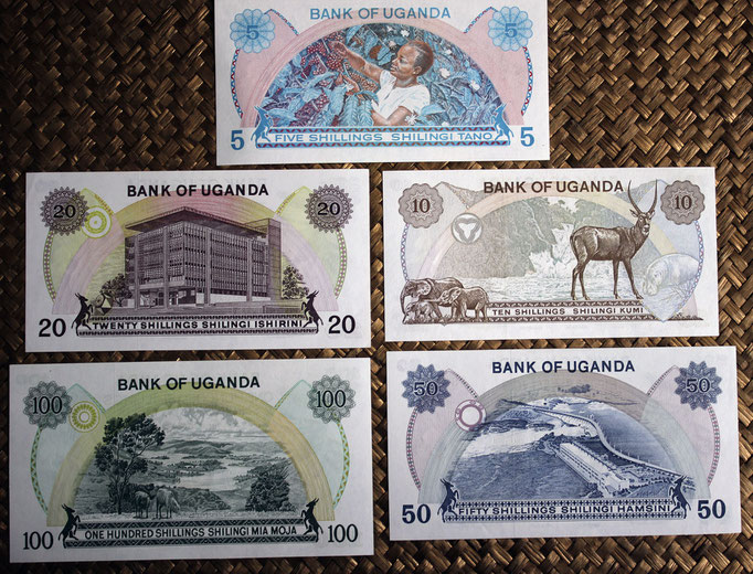 Uganda serie shillings 1973-77 -Idi Amin reversos