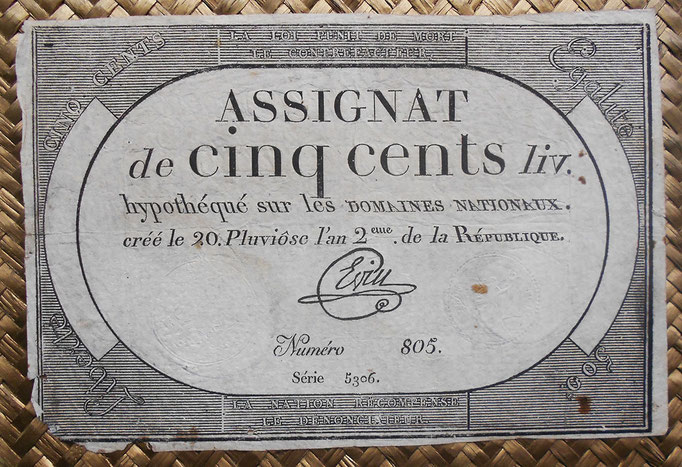 Francia Assignat 500 livres 1794 (116x172mm) pk.A77 uniface