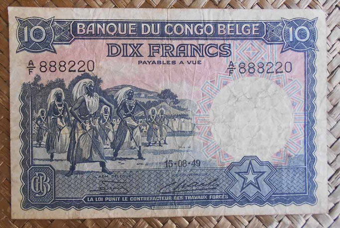 Congo Belga 10 francos 1949 (130x84mm) pk.14E anverso