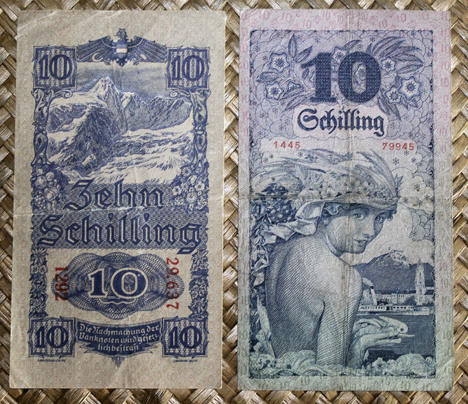 Austria 10 shillings 1927 vs. 1945 reversos