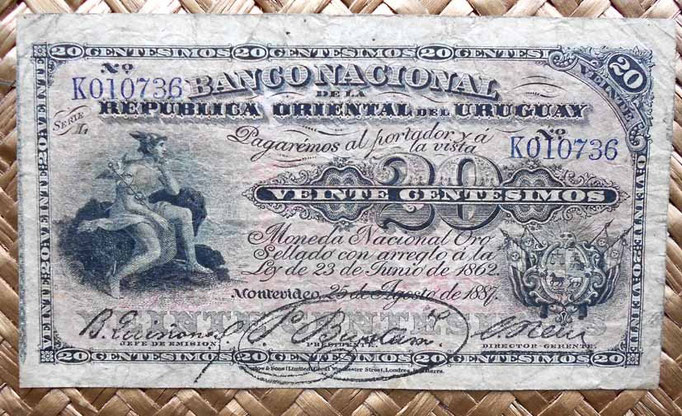 Uruguay 20 centésimos de peso 1887 anverso