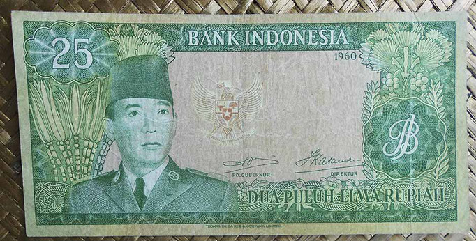 Indonesia 25 rupias 1960 (144x72mm) pk.84a anverso