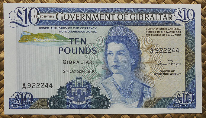 Gibraltar 10 pounds 1986 (152x85mm) pk.22b anverso