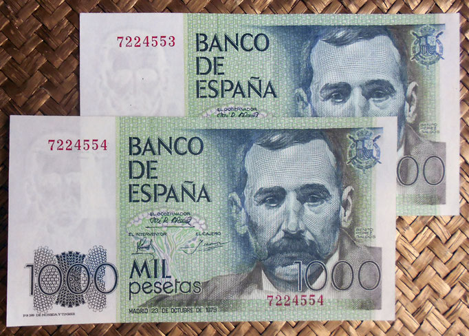 España 1.000 pesetas 1979 (138x75mm) pk.158 pareja sin serie anversos