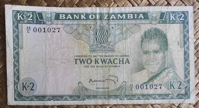 Zambia 2 kwachas 1969 (135x70mm) pk.11c anverso