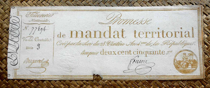 Francia Promesa de Mandato Territorial 250 francos 1796 (WPM pk. A85b) 260x110mm anverso