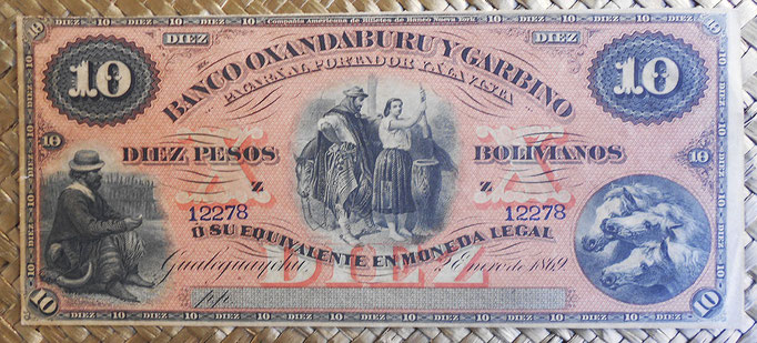 Argentina 10 pesos bolivianos 1869 Oxandaburu y Garbino (188x82mm) pkS1784r anverso