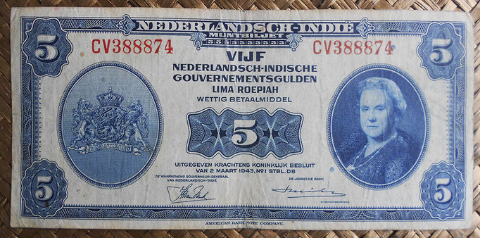 Indias Holandesas 5 gulden 1943 anverso