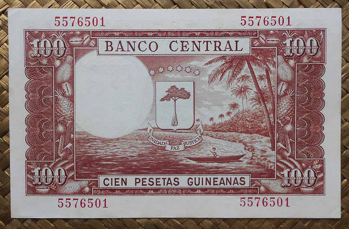 Guinea Ecuatorial 100 pesetas 1969 resello 1000 bipkwele 1980 (138x88mm) pk.18 reverso