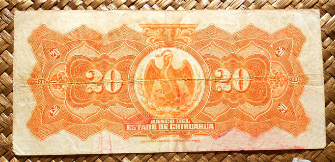 Mejico Estado de Chihuahua 20 pesos 1913 reverso