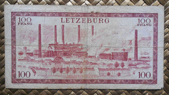 Luxemburgo 100 francos 1956 (148x78mm) pk.50a reverso