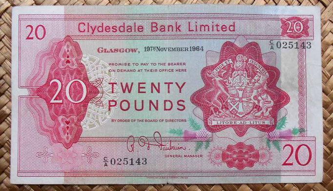 Escocia Clydesdale Bank 20 libras 1964 anverso