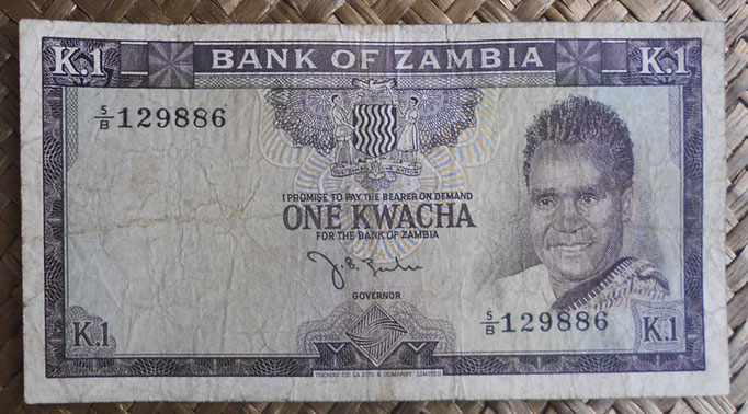 Zambia 1 kwacha 1968 (130x68mm) pk.5a anverso