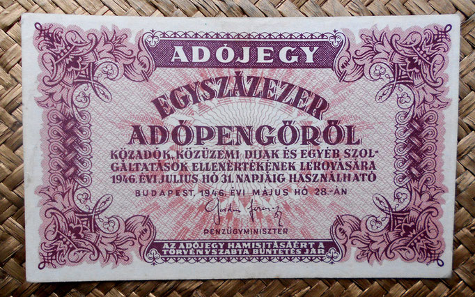 Hungria 100.000 adopengo 1946 (135x82mm) pk.144e anverso