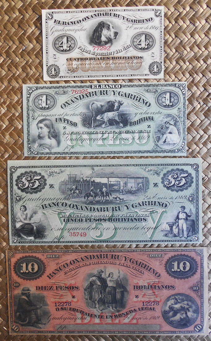 Argentina Pesos Bolivianos Banco Oxandaburu y Garbino 1869 anversos