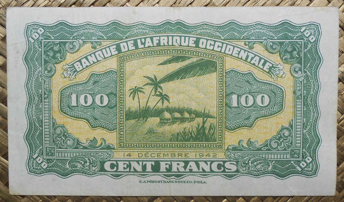 Africa Occidental Francesa 100 francos 1942 (138x78mm) pk.31a reverso