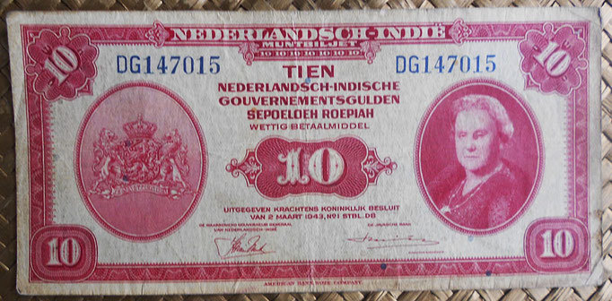 Indias Holandesas 10 gulden 1943 anverso