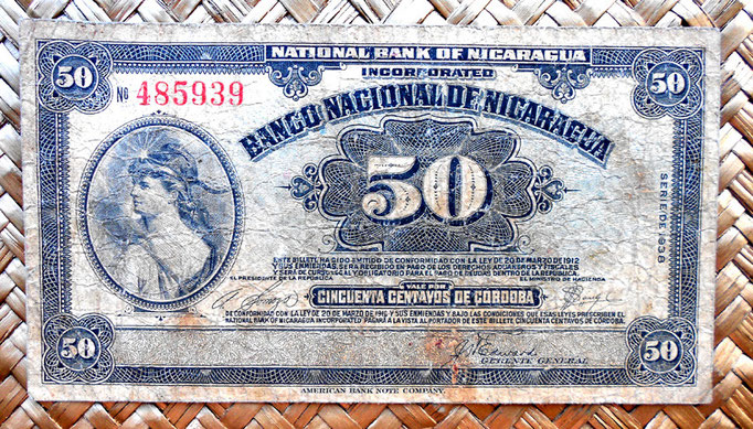 Nicaragua 50 centavos de cordoba 1938 (126x70mm) anverso