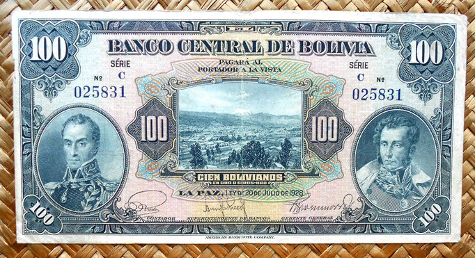 Bolivia 100 bolivianos 1928 (170x86mm) anverso