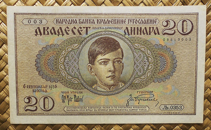 Yugoslavia 20 dinares 1936 (135x80mm) pk.30 anverso
